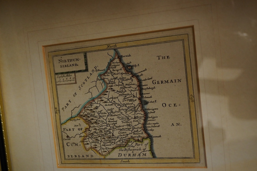 Five 19th century and later maps to include Kent and Northumberland and an 18th century bookplate, Handel, published 1794